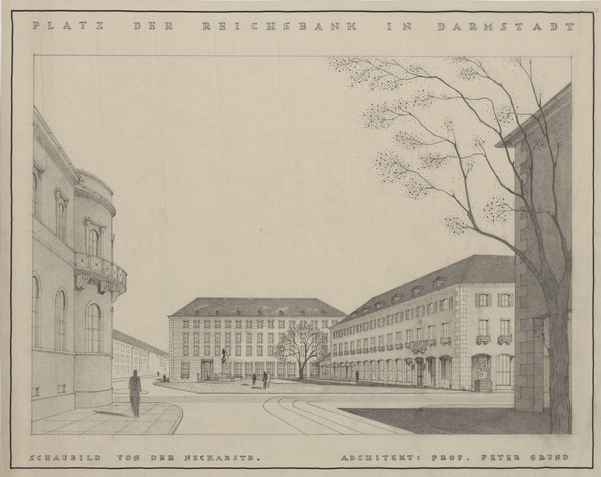 Perspektivische Architekturzeichnung des Platzes der Reichsbank in Darmstadt